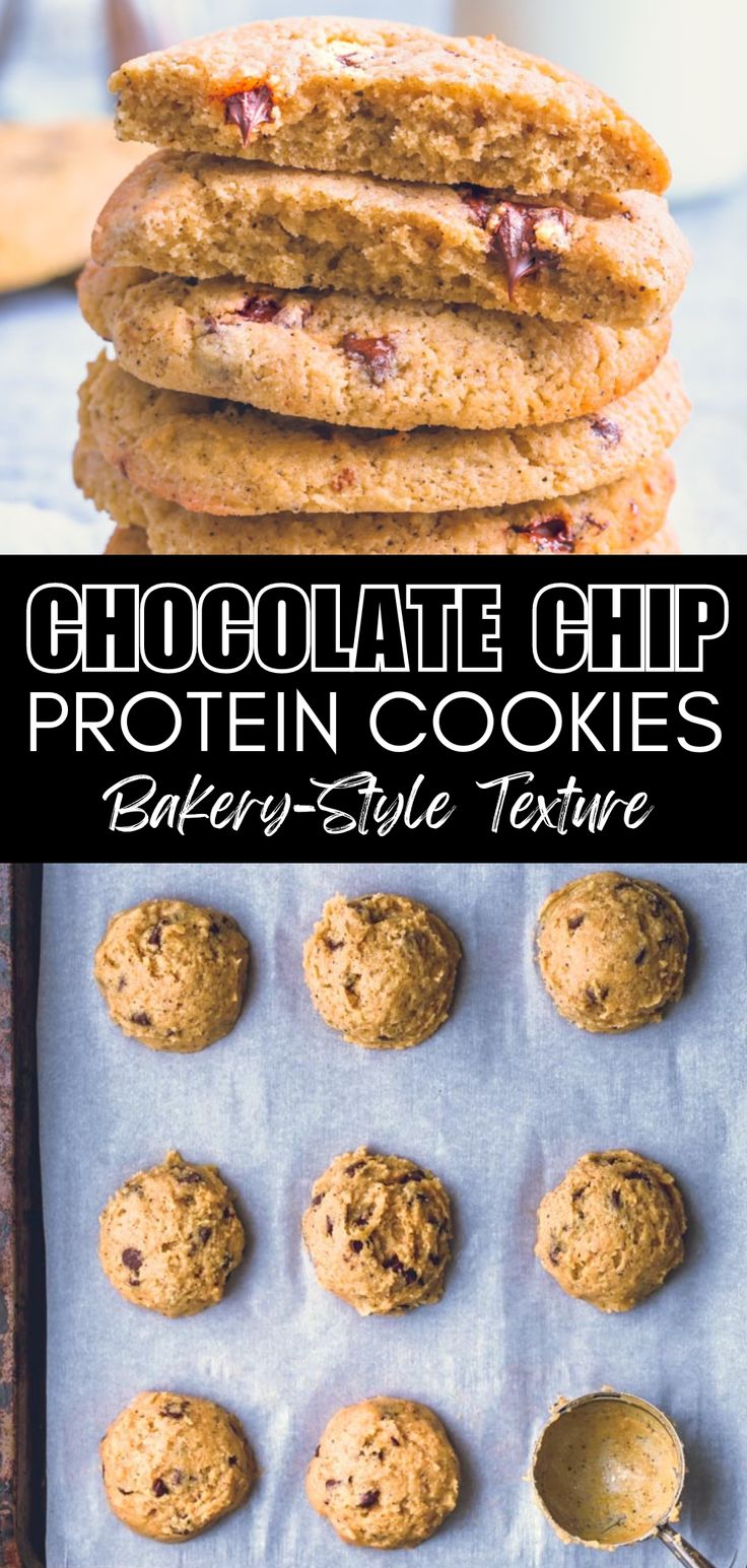 chocolate chip protein cookies are stacked on top of each other and ready to be eaten