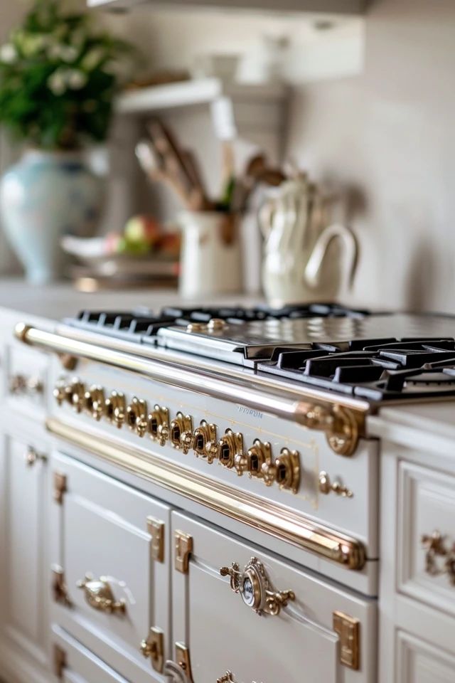 a stove top oven sitting inside of a kitchen next to a potted green plant