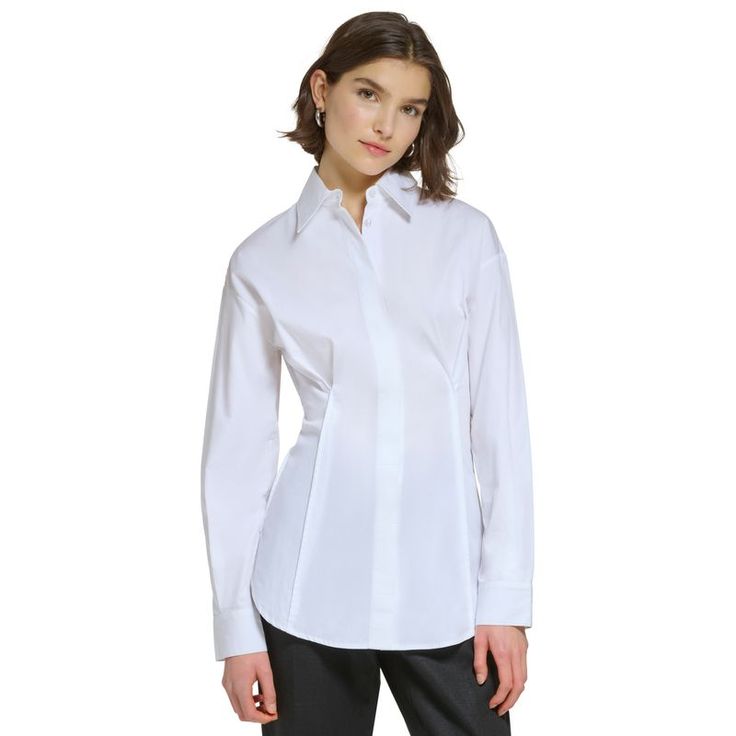 Calvin Klein Redefines The Essential Button-Front Shirt With Seamed Details, A Longer Hem And A Touch Of Stretch For A Perfect Fit, Point Collar; Front Button Closures Seamed Details; Shirttail Hem Extended-Shoulder Long Sleeves Cotton, Nylon, Spandex Machine Wash Imported Calvin Klein White, Calvin Klein Women, Calvin Klein Woman, Matching Family Outfits, Family Outfits, Sleeves (women), Calvin Klein Black, Womens Calvin Klein, Sleeve Cotton