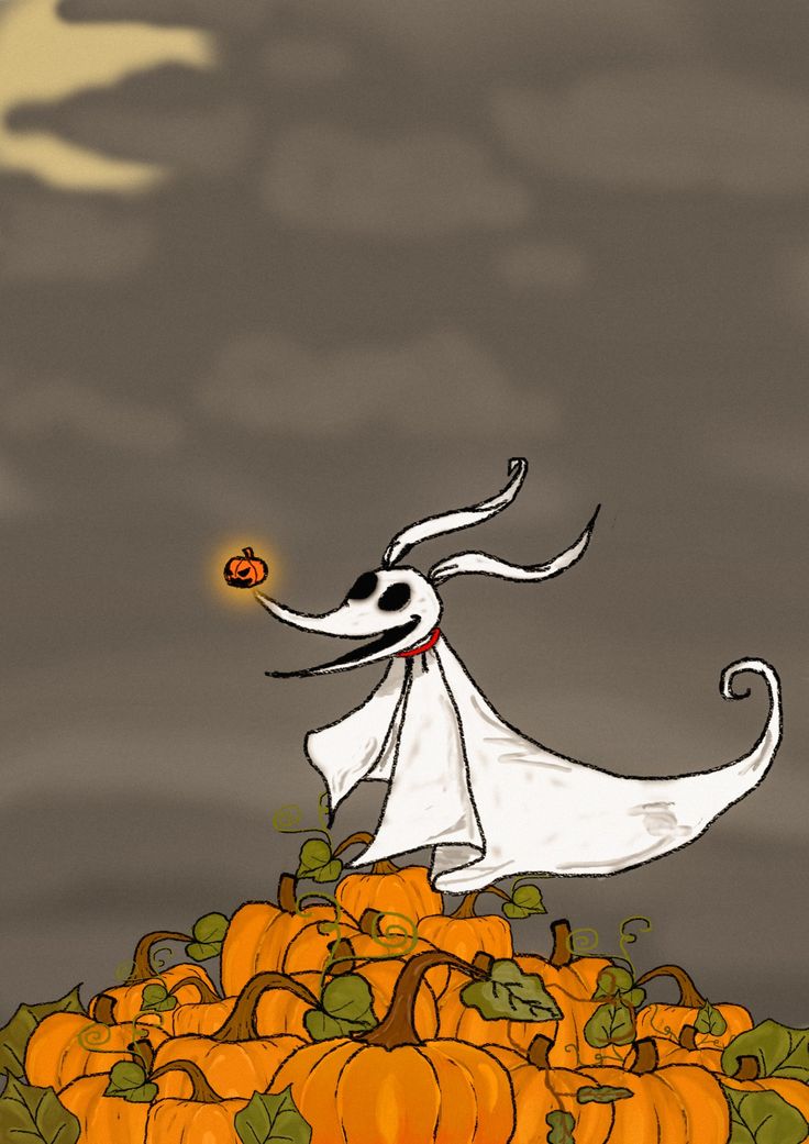 a drawing of a dog dressed as a ghost on top of a pile of pumpkins