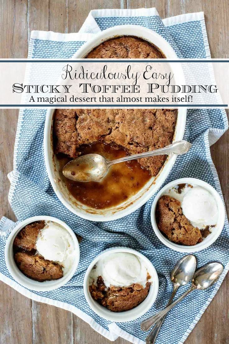 a bowl filled with pudding next to three small bowls of ice cream and spoons