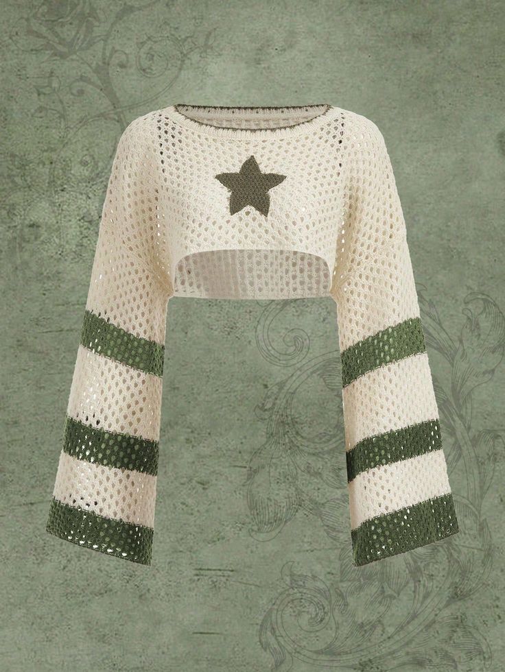 a white sweater with green stripes and a black star on the front, against a grungy background