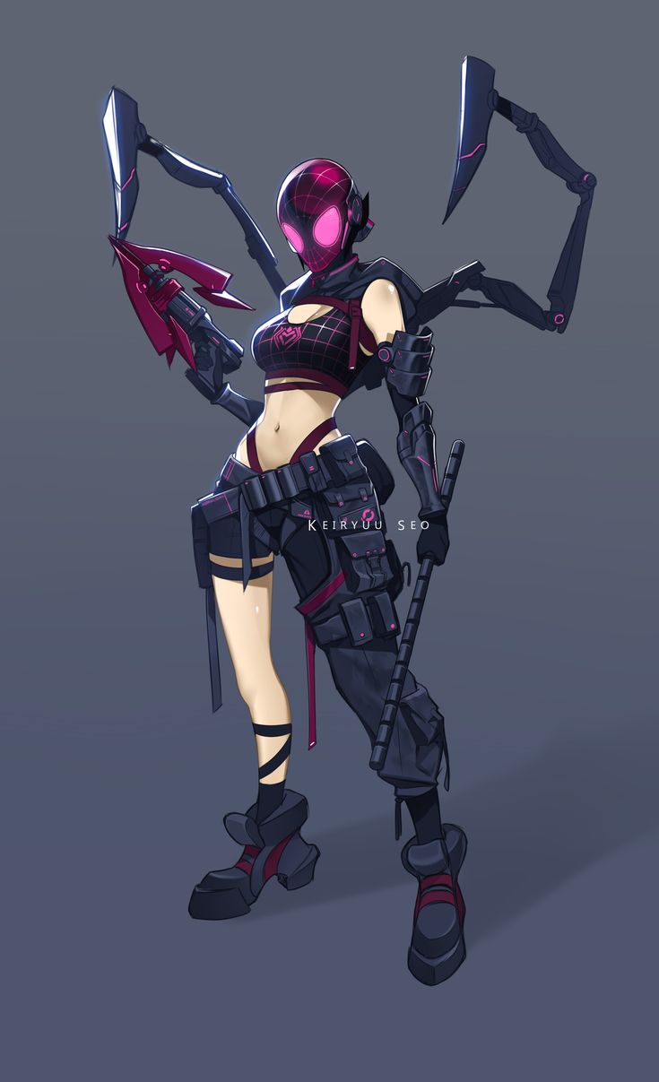 a female character is dressed in futuristic garb and holding two large metal swords while standing on one leg