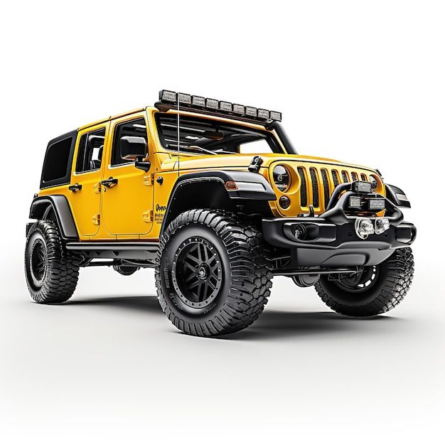 a yellow jeep is parked on a white surface