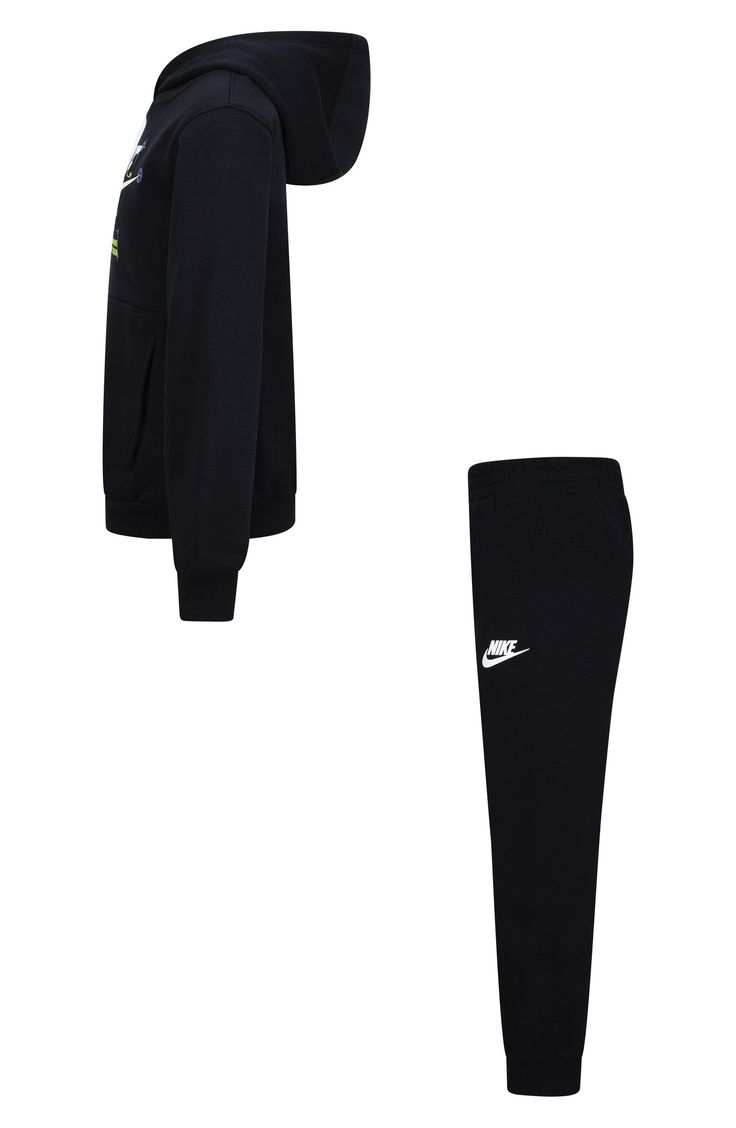 Signature swoosh logo branding keeps all eyes on your kiddo in this classic and sporty set that includes a warm fleece hoodie and joggers. Includes hoodie and joggers 60% cotton, 40% polyester Machine wash, tumble dry Imported Nike Fleece Tracksuit For Sports, Sporty Black Sweatpants With Logo Print, Fleece Tracksuit With Ribbed Cuffs For Sports, Nike Fleece Tracksuit For Jogging, Fleece Moisture-wicking Tracksuit For Streetwear, Nike Black Activewear With Ribbed Cuffs, Moisture-wicking Fleece Tracksuit For Streetwear, Sporty Black Joggers With Logo Detail, Nike Sportswear Tracksuit For Jogging