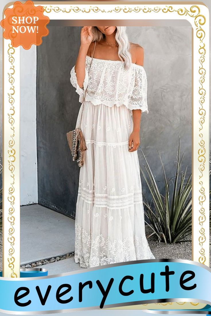 Women's Swing Dress Maxi Long Dress White Non-stretch Maxi Dress, Non-stretch Summer Lace Dresses, Summer Lace Non-stretch Dresses, White A-line Maxi Dress For Fall, Non-stretch White A-line Maxi Dress, Casual Maxi Dress For Wedding, Casual Off-shoulder Lace Dress, Spring Wedding Dress Non-stretch, Spring Wedding Dress, Non-stretch