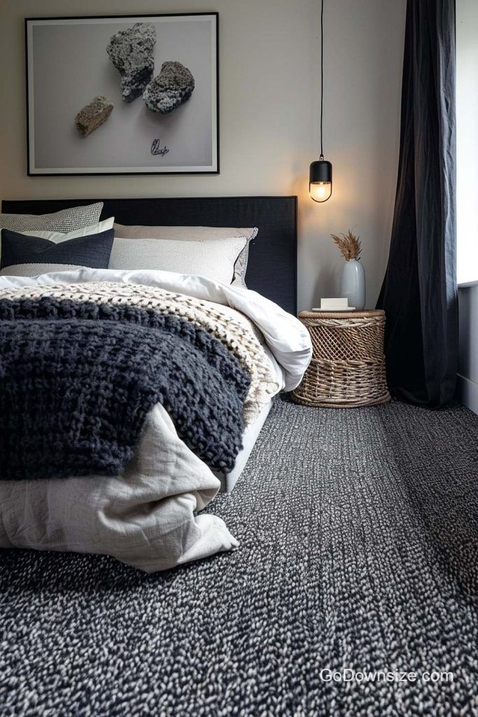 a bedroom with black and white bedding, gray rugs and pictures on the wall