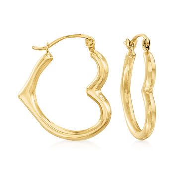 Ross-Simons - 14kt Yellow Gold Heart Outline Hoop Earrings. 3/8". Switch up the ordinary! Standard circular hoops get a romantic update in this pair of polished 14kt yellow gold heart outline hoop earrings. 1/16" wide. Hanging length is 3/8". Snap-bar, 14kt yellow gold heart outline hoop earrings. Gold Heart Studs, Desired Reality, Heart Outline, Heart Locket Necklace, Heart Hoop Earrings, Baroque Pearl Necklace, Heart Pendant Gold, Heart Shaped Earrings, Gold Heart Necklace