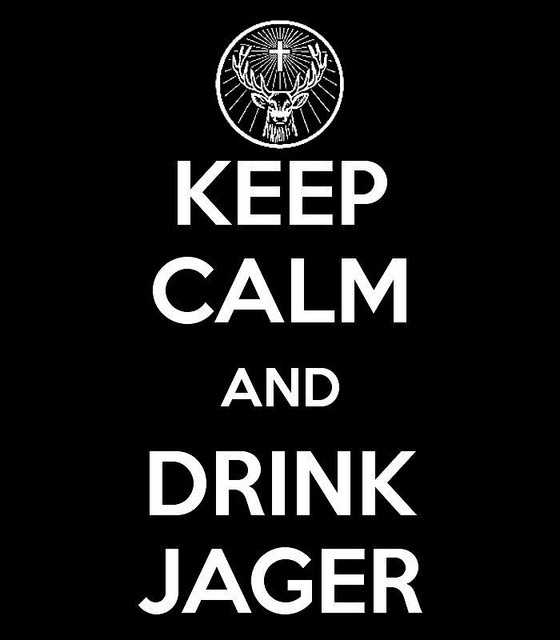 the words keep calm and drink jager written in white on a black background with an image of a deer's head