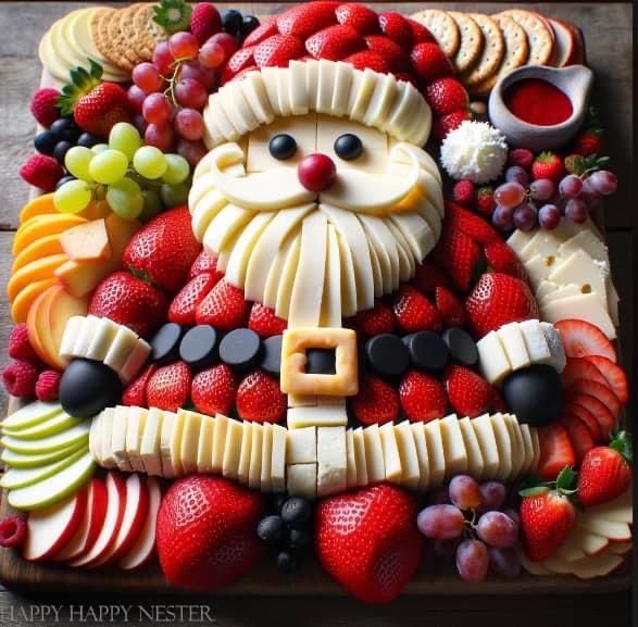 a platter filled with fruit and cheese