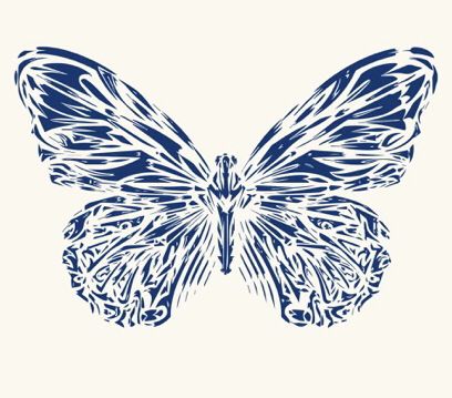 a blue and white butterfly with intricate patterns on it's wings, flying in the air