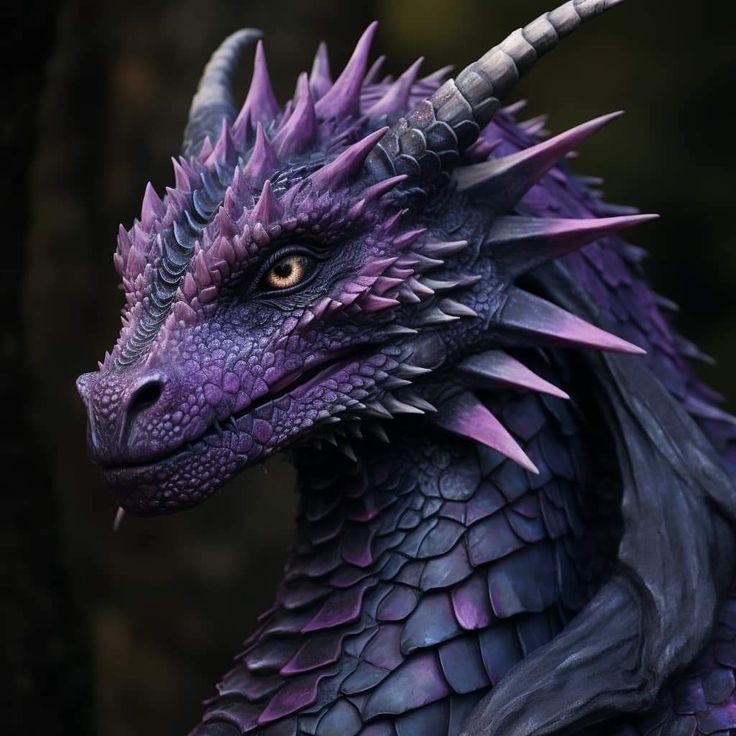 a purple and black dragon statue with horns on it's head is looking at the camera