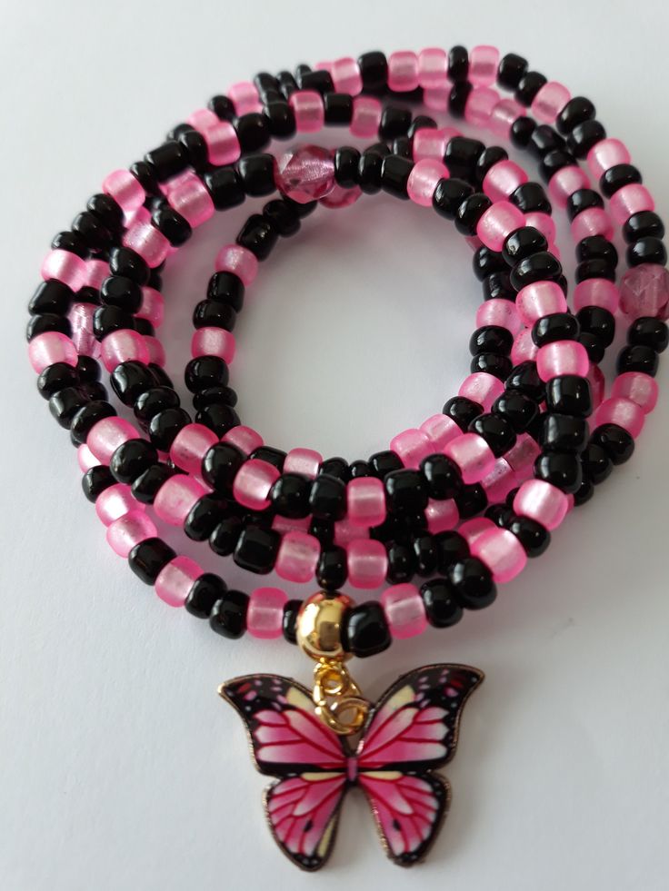 Waist beads made with 4mm black and matte hot pink glass seed beads, 6mm Czech glass beads, and enamel 'butterfly' charm. Beads are on sturdy elastic cord. Pink Jewelry With Black Beads For Gift, Spiritual Pink Spacer Beads, Adjustable Pink Beaded Necklace With 108 Beads, Pink Jewelry With Adjustable Black Beads, Pink Spacer Beads For Gifts, Adjustable Pink Beaded Necklaces With Black Beads, Adjustable Pink Beaded Necklace With Black Beads, Adjustable Pink And Black Beaded Necklaces, Adjustable Pink Butterfly Jewelry