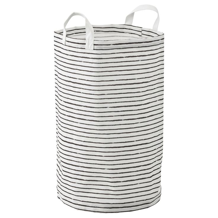 a black and white striped laundry hamper on a white background with the handles down