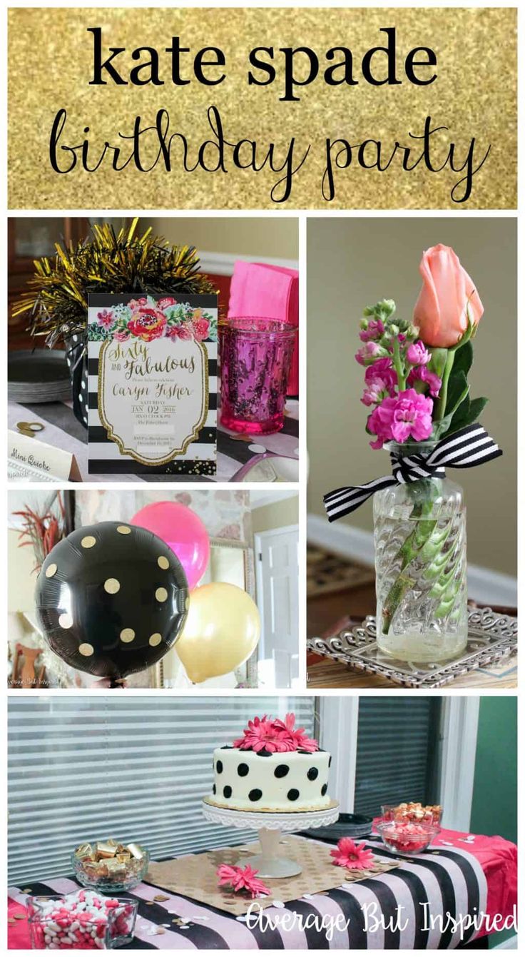 a birthday party with pink and black decorations, cake, balloons and flowers in vases