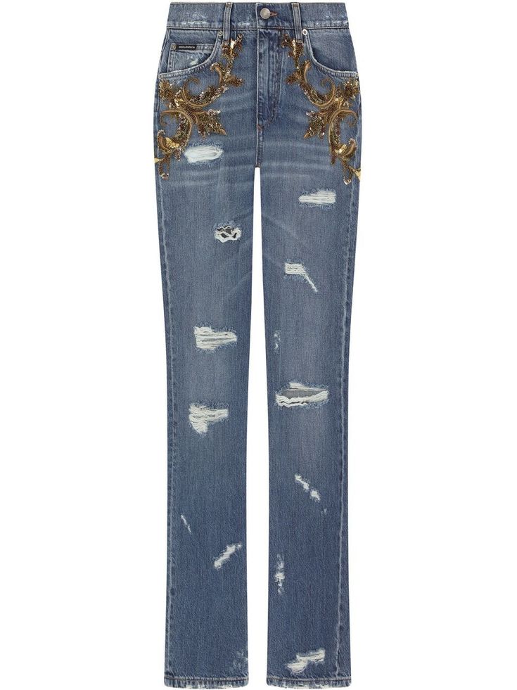 embellished high-waisted straight-leg jeans from DOLCE & GABBANA featuring blue, cotton, distressed finish, logo plaque, bead embellishment, high waist, button fly fastening, belt loops, classic five pockets and straight leg. | Dolce & Gabbana Embellished High-Waisted Straight-Leg Jeans Luxury Bottoms With Five Pockets, Luxury Denim Straight Leg Bottoms, Luxury Straight Leg Denim Bottoms, Embellished Straight Leg Denim Pants, Luxury Straight Leg Jeans, Elegant Embellished Denim Bottoms, Chic Embellished Denim Jeans, Dolce And Gabbana Denim, Dolce And Gabbana Jeans