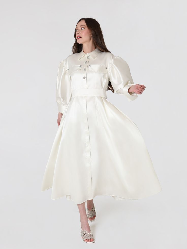 Ivory Silk Puff Sleeve Midi Dress With Embellished Button Lodevole Embellished Buttons, Tailoring Details, Classic Tailoring, Silk Satin Fabric, Ivory Silk, Midi Length Skirts, Hidden Pocket, Puffy Sleeves, Long Puff Sleeves