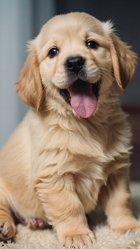 a puppy is sitting on the carpet with its tongue out