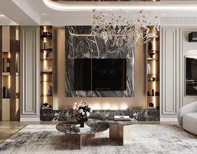 an elegant living room with marble walls and flooring, chandelier above the coffee table