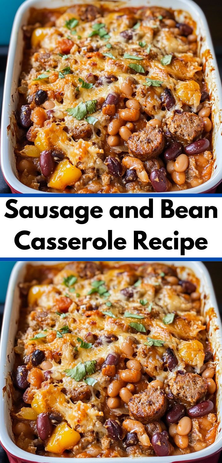 sausage and bean casserole recipe is shown in two separate pans with the same topping