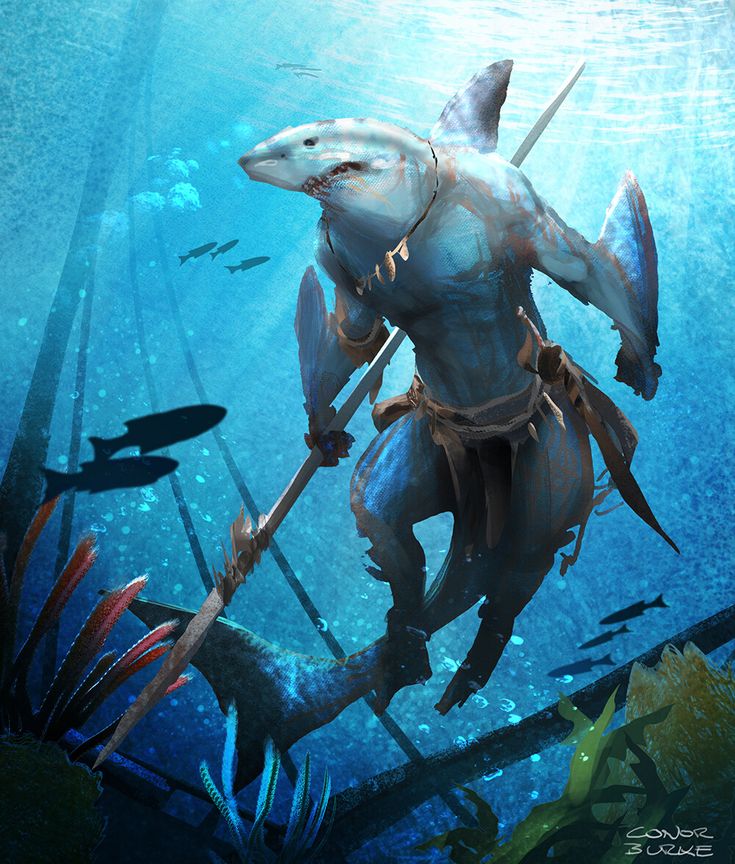 an artist's rendering of a shark with a spear in its mouth and on his back