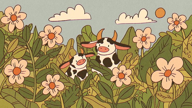 two cows are in the middle of some flowers