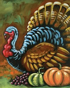 a painting of a turkey surrounded by gourds and pumpkins