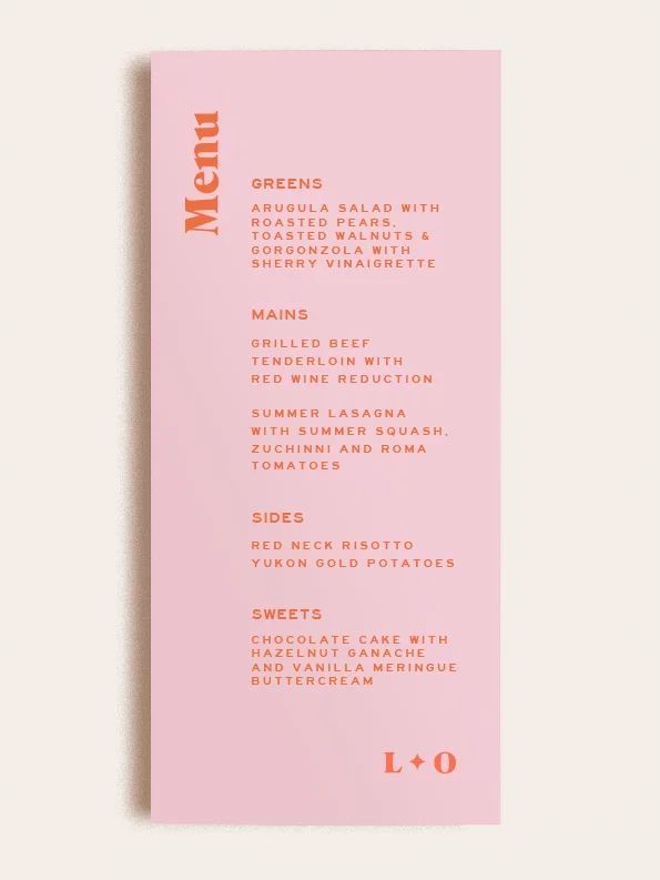 the menu is pink and has orange lettering on it