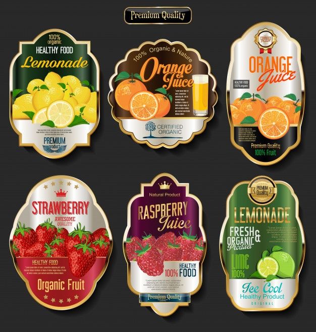 six labels with different types of juices and fruits in them on a black background