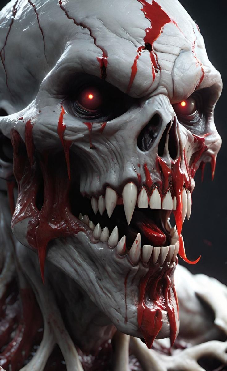 an evil looking zombie with red eyes and blood on it's face