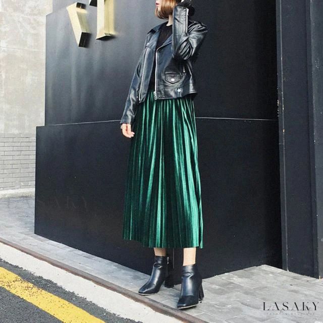 Lasaky - Metallic Pleated Velvet Midi Skirt Velvet Pleated Skirt, Beach Maxi Skirt, Long Chiffon Skirt, Green Midi Skirt, Pleated Fashion, Club Skirts, Metallic Pleated Skirt, Velvet Midi Skirt, Mid Length Skirt