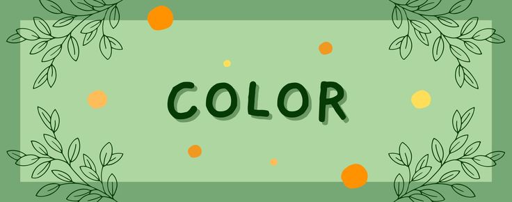 the word color is surrounded by oranges and leaves on a green background with yellow dots