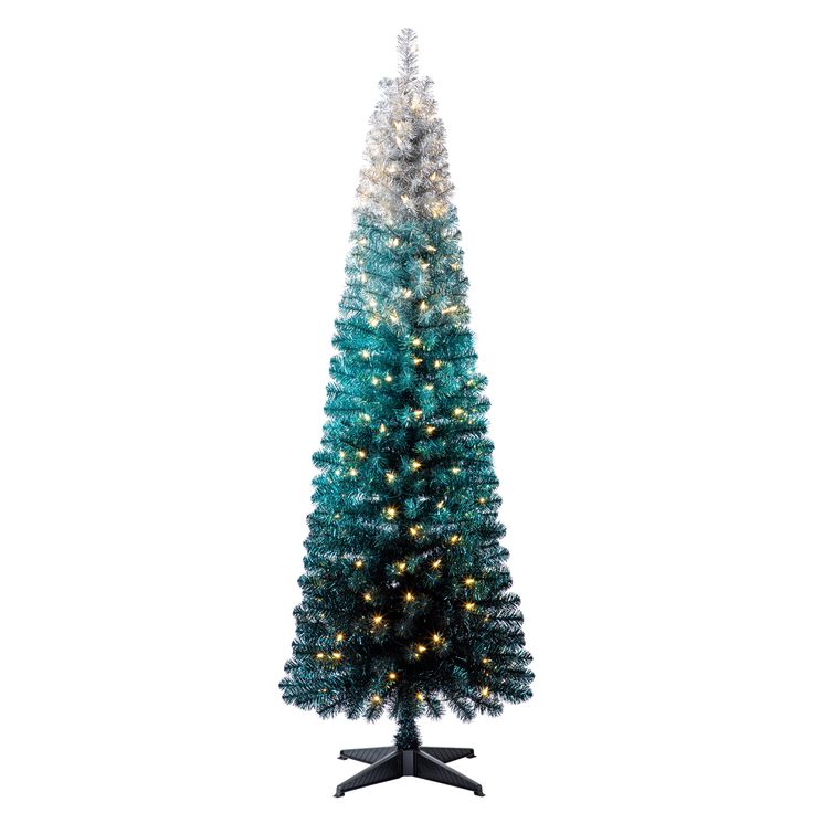 a blue and white christmas tree with lights on it's top, in front of a white background