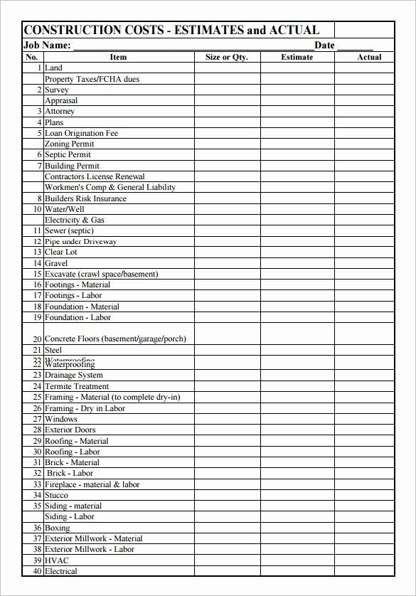 the construction cost list is shown in this file, and it includes several different types of items