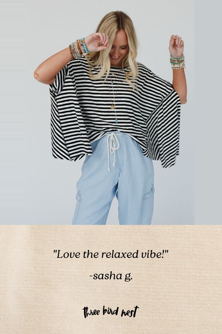 You'll feel laid back and cool all day long in the boho - chic French Riviera Striped Top, so effortless it's sure to be your new fav top to style from day to night! ! Comfortable tee shirt fabric with a cute striped design Loose and slouchy pullover top silhouette Classic round neckline and loose short sleeves with a contrast hem Boxy design that creates the ultimate boho slouchy style Back pointed panel for an added design element Pair with: Eye Of The Sun Padded Bralette, Sardinia Silky Tiere Flowy Summer Tops For Loungewear, Summer Flowy Tops For Loungewear, Bohemian Cotton Top With Batwing Sleeves, Bohemian Cotton Tops With Batwing Sleeves, Oversized Bohemian Tops For Vacation, Flowy Casual Beach Tops, Flowy Short Sleeve Tops For Loungewear, Comfortable Tops For Summer Day Out, Comfortable Summer Tops For A Day Out