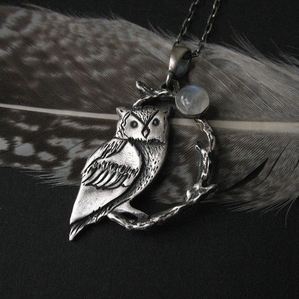 Sacred Animal - the Owl | silver, moonstone www.fiann.pl | Flickr Pewter Casting, Art Clay Silver, Necklaces Beads, Silver Metal Clay, Clay Silver, Unusual Necklace, Animal Necklace, Hair Jewels, Silver Owl