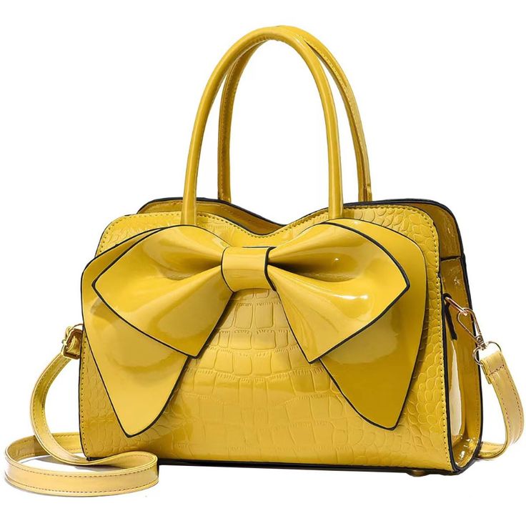 PRICES MAY VARY. ①FEATURES:Design in a stylish silhouette.Crafted from shiny patent leather,lined with polyester fabric.Delicate bow decoration.Bottom anti-slip and anti-abrasion rivets.Wear it to add a chic punctuation to any look. ②SIZE:Handbag:11.8(L)x4.7(W)x7.8(H)inches,Handle:4.7inches.The weight about:1.87LB/0.85KG. ③POCKETS:Handbag:1xMain pocket,1xCell phone pocket,1xID pocket,1xInside zip pocket,1xCompartment zipped pocket,1xBack zipper pocket.Can accommodate daily necessities such as fo Mini Umbrella, Mothers Bag, Party School, Yellow Handbag, Shopping Party, Handbag Patterns, Cross Bag, Women Bags Fashion, Female Friends