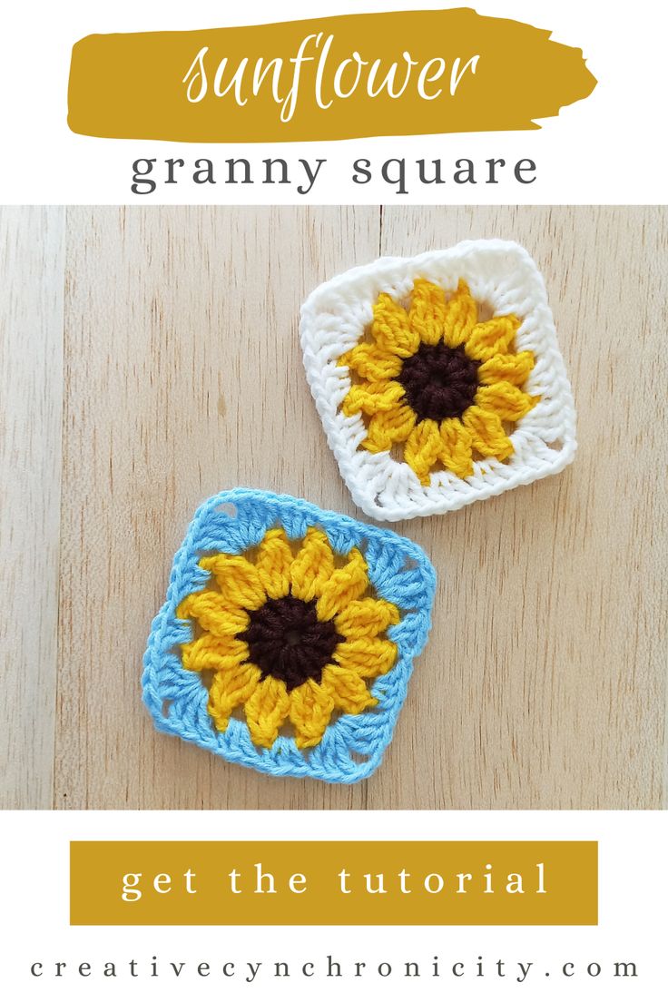 two crocheted sunflower granny squares with text overlay that reads, sunflower granny square get the pattern