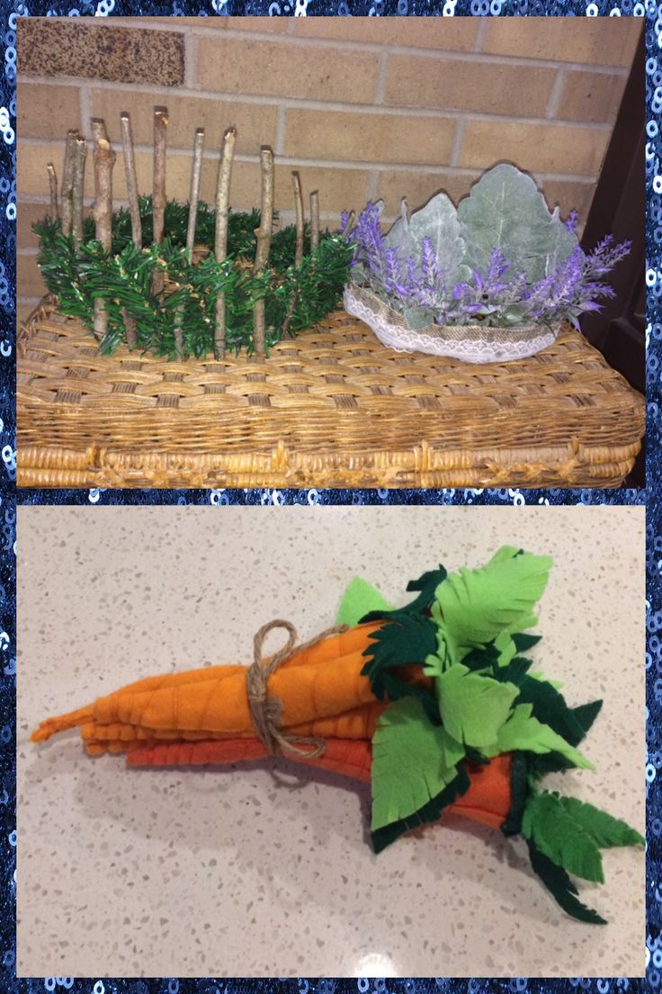 two pictures of carrots with green leaves and purple flowers in the middle one is made out of paper