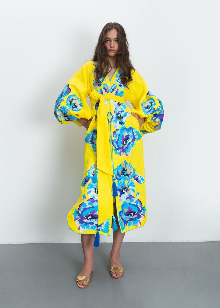 Luxurious Yellow/Blue Extasy Women's Midi Caftan Yuliya Magdych Traditional Yellow Kaftan With Floral Print, Spring Folk Style Kaftan With Geometric Embroidery, Traditional Floral Print Kaftan For Spring, Spring Festival Kaftan With Woven Motifs, Traditional Floral Print Spring Kaftan, Traditional Spring Floral Print Kaftan, Traditional Spring Floral Kaftan, Spring Folk Kaftan With Multicolor Embroidery, Spring Yellow Printed Kaftan