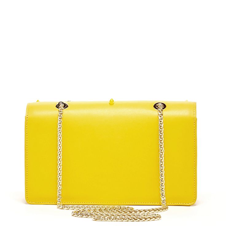 The Josie will take you through the seasons looking trés chic. Made with smooth leather, this trendy forward yellow leather purse features decorative leather studs on its front flap. With a buckle closure, the fabric-lined interior includes a zip pocket, cell phone slip and 6 credit card slots. Its elegant light gold chain strap can be worn long as a stylish crossbody or doubled up for a shorter shoulder bag style. The fashionable Josie worn day to night for all occasions. More details about thi Yellow Business Bags With Gold-tone Hardware, Elegant Yellow Rectangular Flap Bag, Classic Yellow Shoulder Bag For Formal Occasions, Yellow Rectangular Business Bag, Yellow Flap Shoulder Bag For Evening, Evening Yellow Flap Bag With Detachable Strap, Yellow Leather Shoulder Flap Bag, Yellow Shoulder Flap Bag For Evening, Yellow Evening Flap Bag With Detachable Strap