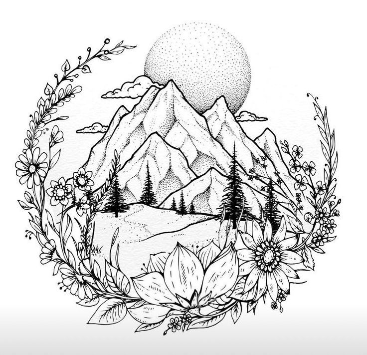 a drawing of mountains and flowers with the sun in the background