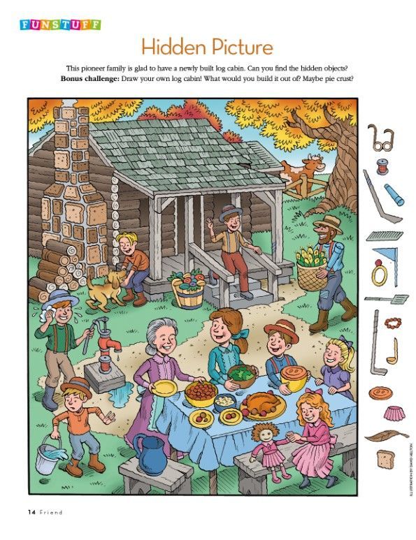 the children's picture book features an image of a family gathering in front of a cabin