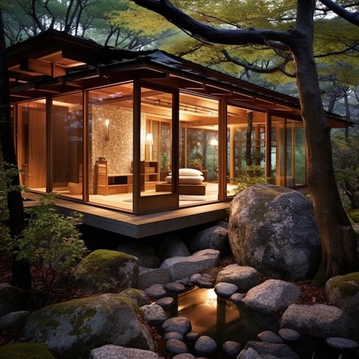 a small house in the middle of some rocks and trees with lights on it's windows