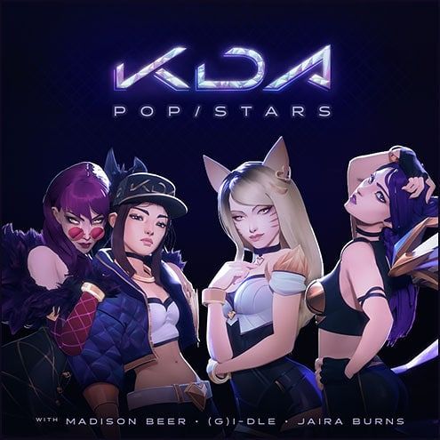 the kda pop stars logo with three women in front of it