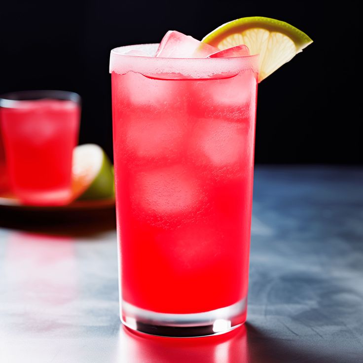 a close up of a drink on a table with a slice of lime in the background