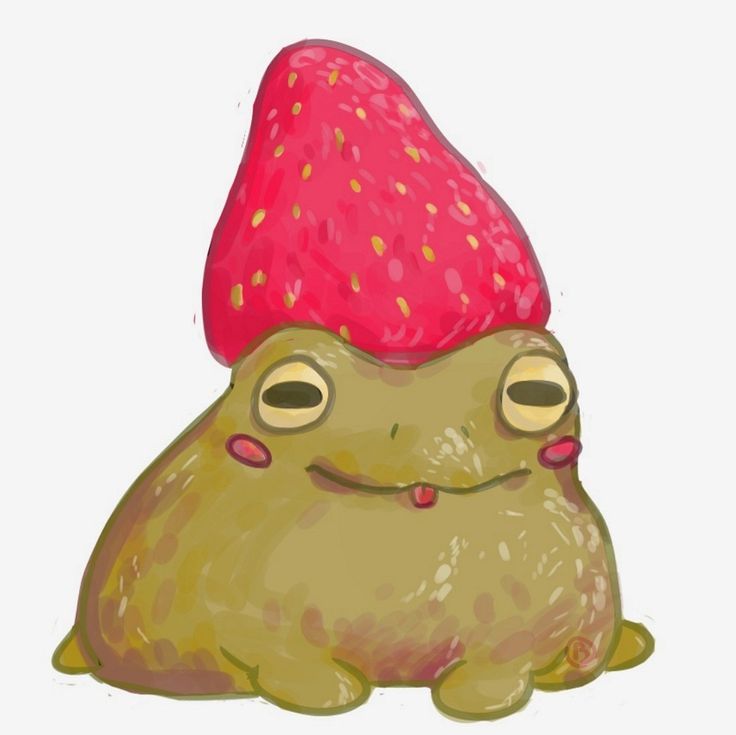 a drawing of a frog with a strawberry hat on it's head and eyes