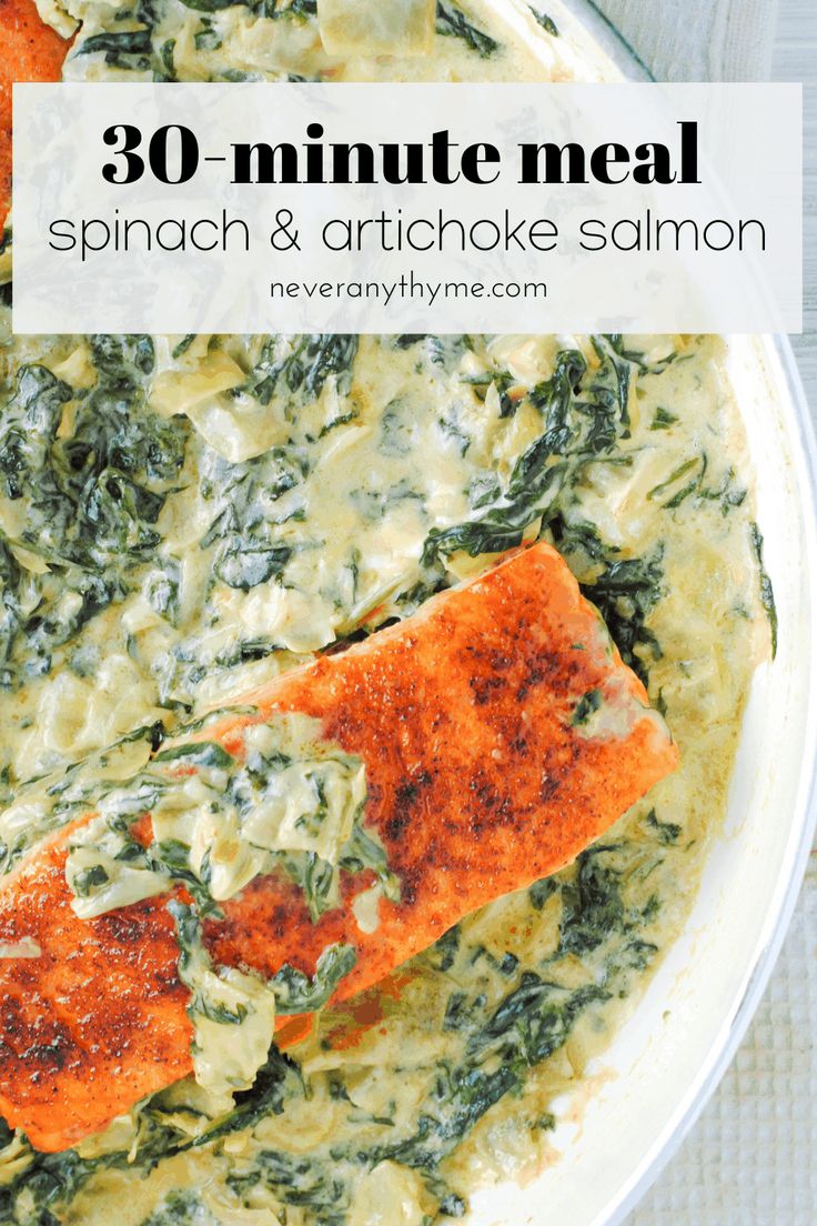 spinach and artichoke salmon in a white bowl with the title overlay