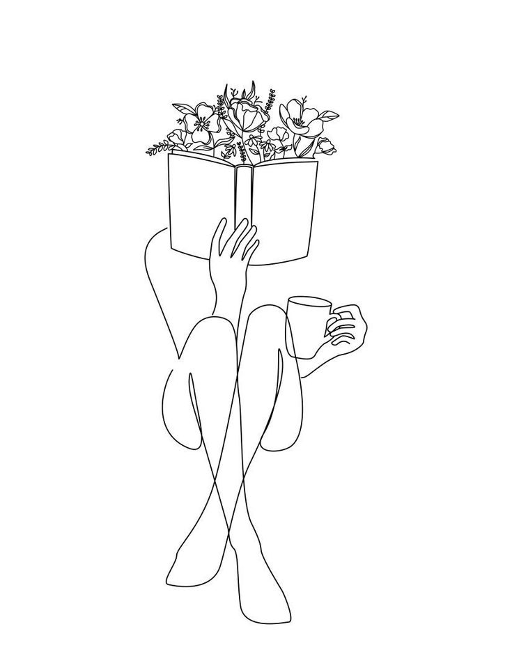 a line drawing of a person holding a vase with flowers on it