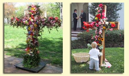 two pictures of a cross with flowers on it, and a little boy kneeling in front of the cross